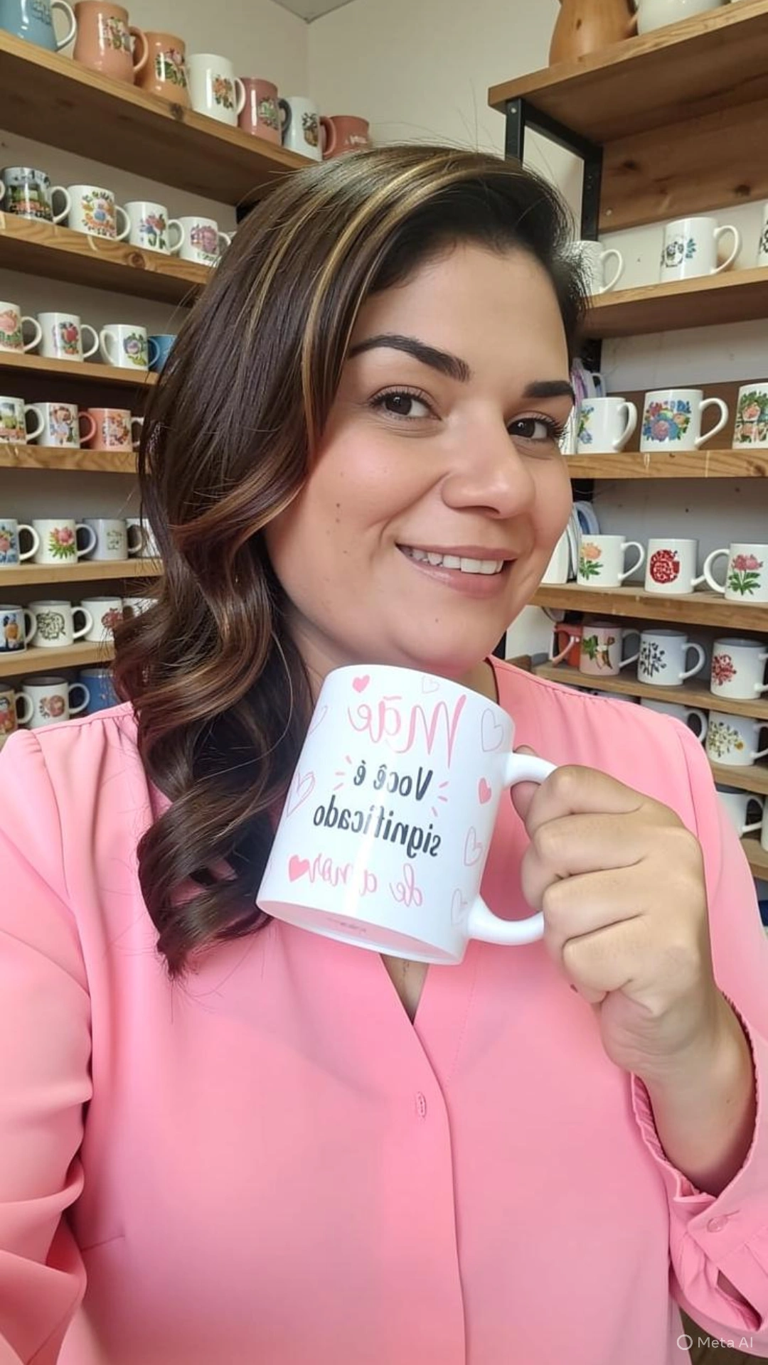 Aline Mara com caneca personalizada